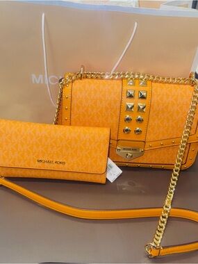 Michael Kors Orange Studded Signature Crossbody with Matching Wallet